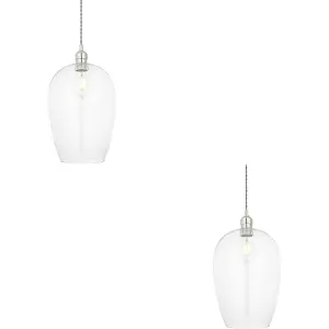 2 PACK Hanging Ceiling Pendant Light - Large Bright Nickel Plate & Clear Glass - 10W LED E27