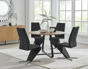 Furniturebox UK Santorini Brown Wood Contemporary Round Round Dining Table And 4 Black Willow Chairs Set