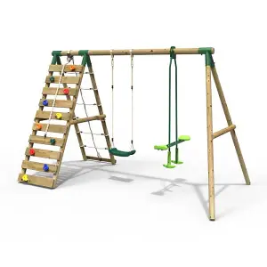 Rebo Wooden Swing Set with Up and Over Climbing Wall - Isla Green