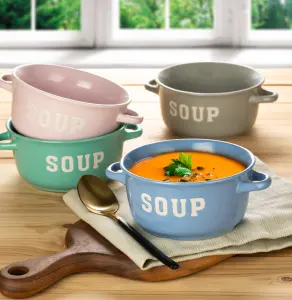 Set of 4 Soup Bowls with Handles Pastel