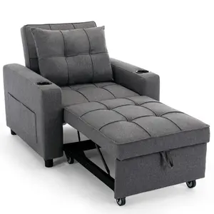 Hudson 1-Seater Sofa Bed Linen Fabric With Cup Holders Grey