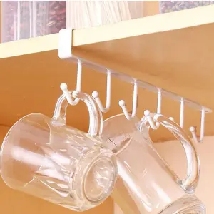 White Metal 6 Hooks Rail Cup Hook Rack  Hanging Holder Under Cabinet Closet