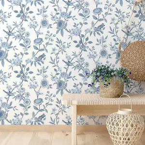 Fine Decor Eleanor Floral Birds Blue Wallpaper Flowers Botanical Feature Wall