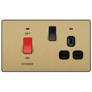 British General Screwless Matt Gold Cooker switch & socket with neon & Black inserts