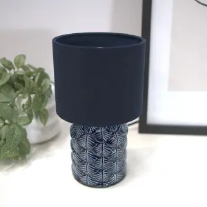 ValueLights Priyah Navy Blue Textured Scallop Effect Ceramic Table Lamp with Drum Shade - LED Bulb Included