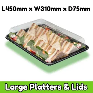 Caterline 5 x Large Catering Platters & Lids / Sandwich Platters (L450mm x W310mm x 75mm) Reusable Plastic Serving Platters