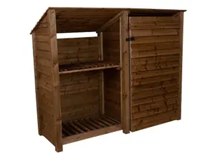 Wooden tool and log store (roof sloping back), garden storage with shelf W-227cm, H-180cm, D-88cm - brown finish