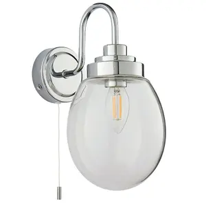 IP44 Bathroom Wall Light Chrome & Round Clear Glass Modern Curved Arm Oval Lamp