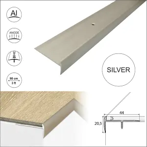 C27 44 x 20.5mm Anodised Aluminium LVT Stair nosing  Edge Profile For 5mm Flooring - Silver, 0.9m