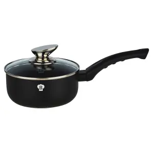 BLAUMANN 16x7cm Saucepan with Glass Lid - 1.15L Matt Black Cookware Frying Grill Pots Pan Saucepan Casserole Soft Touch Handle Lid