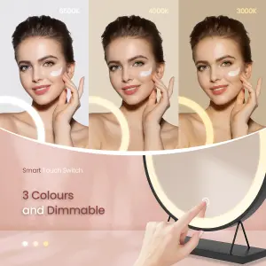 EMKE LED Hollywood Vanity Mirror 400mm Round Makeup Mirror Dressing Table with Dimmable and 3 Colors, Black