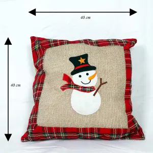 Hessian Home Bedroom Office Decorations Printed Pillow Covers Set of 4 Reindeer Snowman Robin andChristmas Pudding 40x40cm