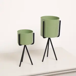 Melody Maison Set of 2 Sage Green Metal Planter Pots with Stand