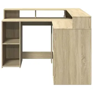 Berkfield Desk with LED Lights Sonoma Oak 130x130x91 cm Engineered Wood