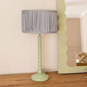 ValueLights Bobbins Sage Green Table Lamp with Ruched Pleated Blue Drum Lamp Shade and LED Bulb