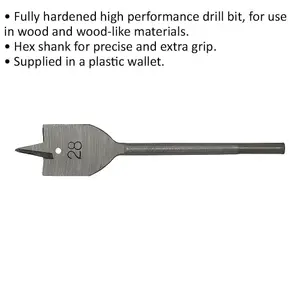 28 x 152mm Fully Hardened Wood Drill Bit - Hex Shank - High Performance Woodwork