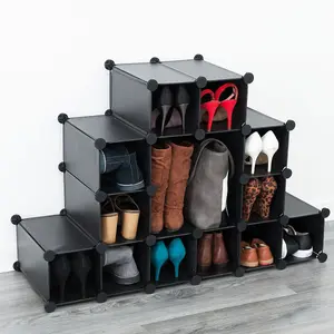 LIVIVO Multi-Purpose 16-Section Interlocking Cube Shoe Rack Organiser with Back Panels - Holder with Space for 16 Pairs of Shoes