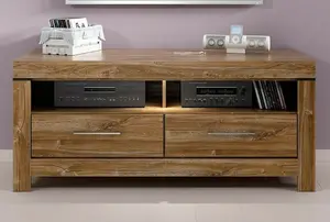 TV Unit Cabinet Media Storage LED Light 2 Soft Close Drawers Oak Effect Gent