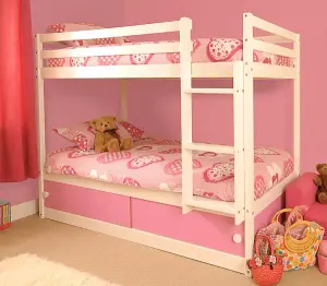 Comfy Living Wooden Kids Childrens White Single Bunk Bed With Storage in Pink