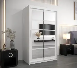 Roma II White Stylish Sliding Door Wardrobe H2000mm W1200mm D620mm with Mirrored Panels