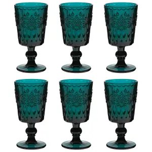 Set of 6 Luxury Embossed Dark Green Drinking Wine Glass Wine Goblets 290ml