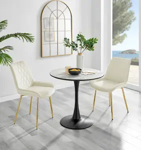 Elina White Marble Effect Round Pedestal Dining Table with Curved Black Support and Cream Velvet Pesaro Gold Leg Chairs