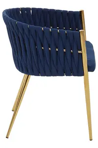 Blue Dining Chair with Woven Back, Dining Room Chair with Braided Pattern, Curved Back Restaurant Chair