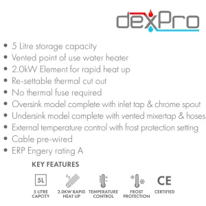 Dexpro Vented Water Heater: Undersink with Mixer Tap and Hoses