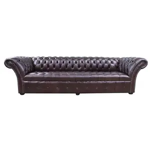 Chesterfield 4 Seater Sofa Buttoned Seat Old English Dark Brown Leather In Balmoral Style