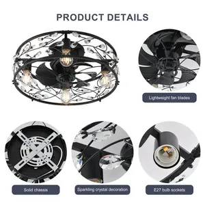 51cm Crystal Farmhouse Reversible Caged Ceiling Fan with Light Kit and Remote Control