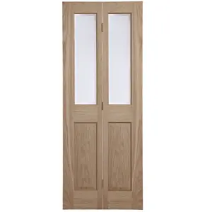 4 panel 2 Lite Clear Glazed Victorian White oak effect Timber Oak veneer Internal Bi-fold Door set, (H)1950mm (W)753mm