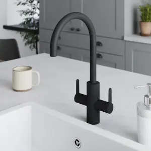 GoodHome Zanthe Black Graphite effect Kitchen Twin lever Tap