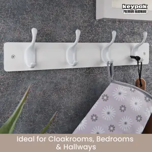 keypak 4 White Coat Hooks on White Wooden Board - 46cm Modern Wall Mounted Coat Rack Clothes Hanger