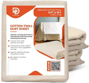 PRIMES DIY Twill Professional Quality Dust Sheet 12 x 9 ft, Heavy Weight Cotton for Painting & Decorating, Durable,  3 PCS