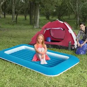 Kids Single Inflatable Airbed with Raised Edge  Flocked Design for Home & Camping Blue