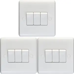 3 PACK 3 Gang Triple 10A Light Switch 2 Way - WHITE PLASTIC Wall Plate Rocker