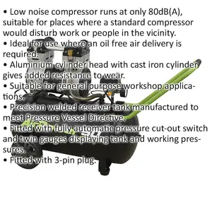 50L Low Noise Direct Drive Air Compressor with Twin Gauges - 1.6hp Motor