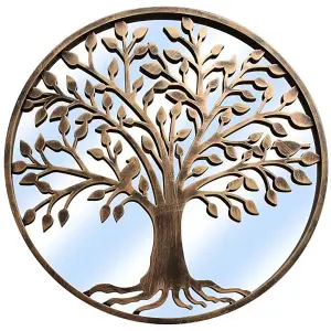 Tree of Life Copper Effect Outdoor Garden Wall Mirror - Bronze Distressed Decor with Robin Love Birds Makes a Great Memorial