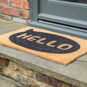 Printed Natural Coir Door Mat Hello Speech Bubble Decorative Heavy Duty Entrance Mat 45cm x 75cm Indoor / Sheltered Outdoor Use