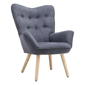 Grey Tufted Button Linen Armchair with High Back and Wooden Legs 92cm H