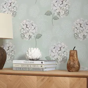 Hydrangea Harmony Wallpaper in Sage Green