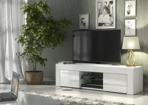 TV Unit 130cm Modern White with High Gloss Doors - Creative Furniture