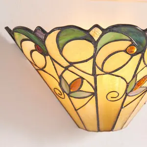 Tiffany Glass Floral Design Wall Light - Matt Black Steel - Dimmable LED Lamp