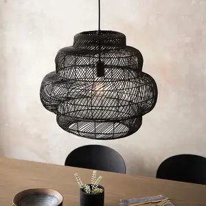 Luminosa Piacenza Single Pendant Ceiling Lamp, Black Rattan, Matt Black