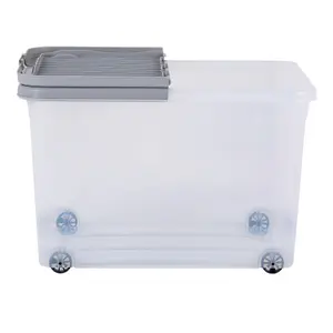 5 x Wham 44L Stackable Plastic Storage Box with Wheels & Folding Lid Clear/Cool Grey