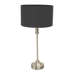 ValueLights Maggie Brushed Chrome Candlestick Table Lamp with Black Fabric Drum Shade and LED Bulb