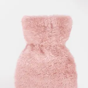 Long Hot Water Bottle with Cover Bed Warmer Fleece Faux Fur 2L Rubber, Blush