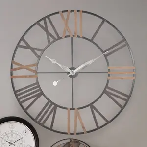 Natural Wood and Antique Grey Metal Round Wall Clock Large