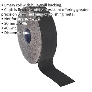 Premium Blue Twill Emery Roll - 50mm x 50m, 40 Grit - Flexible & Tear Resistant for Metal Finishing