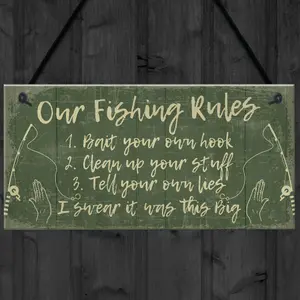 Red Ocean Funny Fishing Gift Fishing Rules Sign Garden Shed Man Cave Plaque Gift For Grandad Dad Son